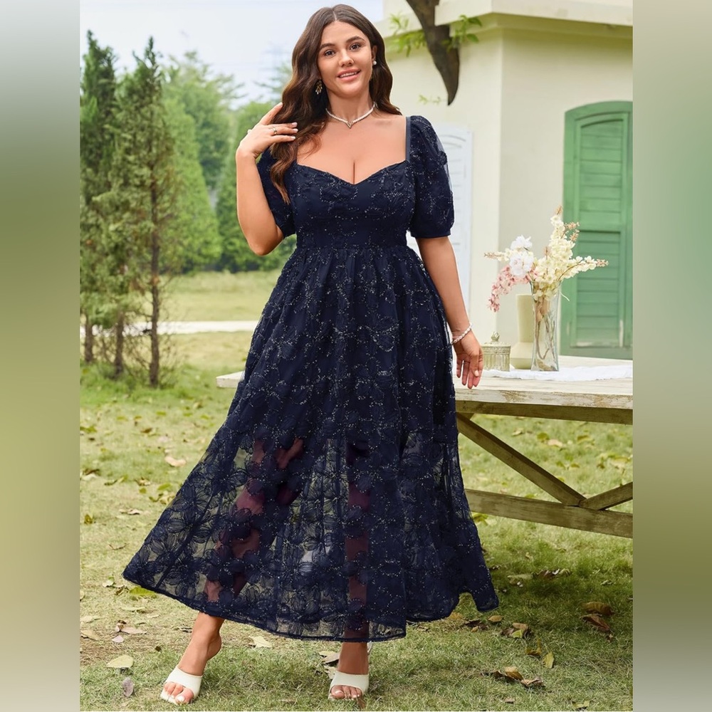 2025 Cocktail Formal Guest 3D Lace Sweetheart Neckline Puff Sleeve A Line Dress